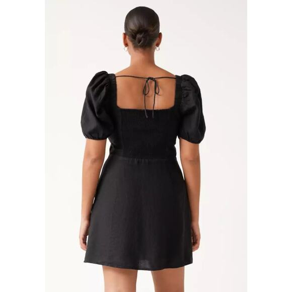 And Other Stories Short Black Linen Mini Bow Knot Dress Sz 6 Eur 38 Smocked Back - Picture 7 of 8